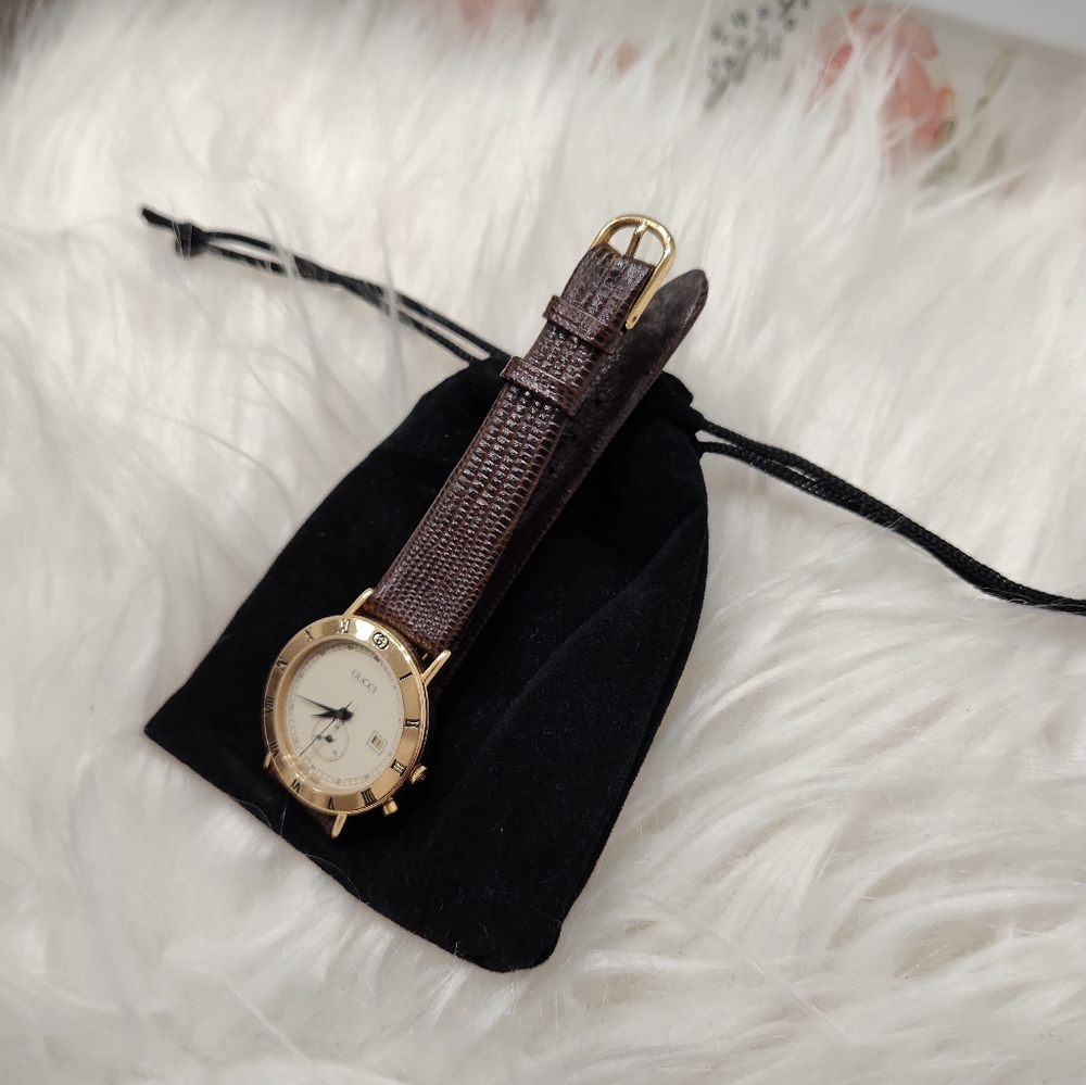 Vintage 90's Gucci 3800 Jr Wristwatch, 18k Gold Plated, Lizard Calf Band 5/8R, - Picture 4 of 16